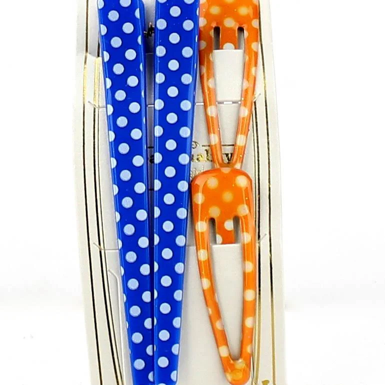 Polka Dots & Checkered Hair Clips (Blue & Orange, 4pcs) - Image 2