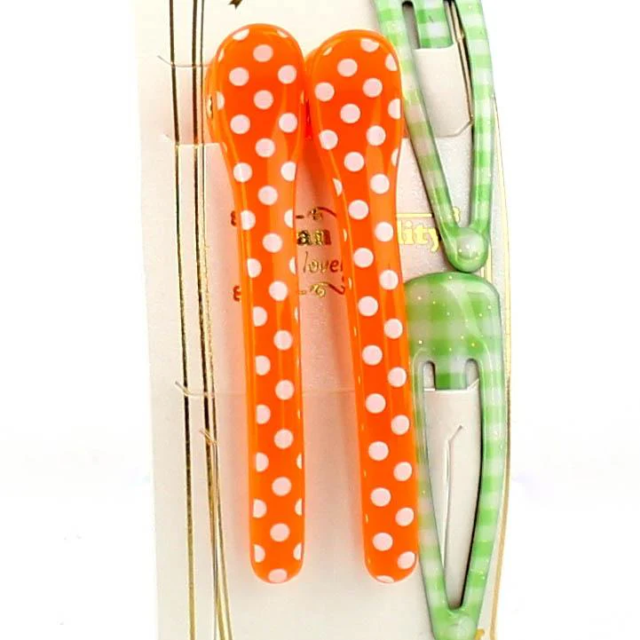 Polka Dots & Checkered Hair Clips (Green & Orange, 4pcs) - Image 2