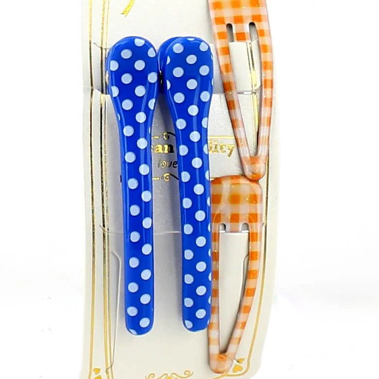 Polka Dots & Checkered Hair Clips (Blue & Orange, 4pcs) - Image 2