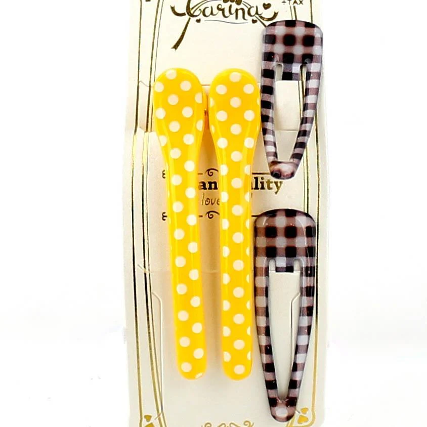 Polka Dots & Checkered Hair Clips (Yellow & Brown, 4pcs) - Image 2