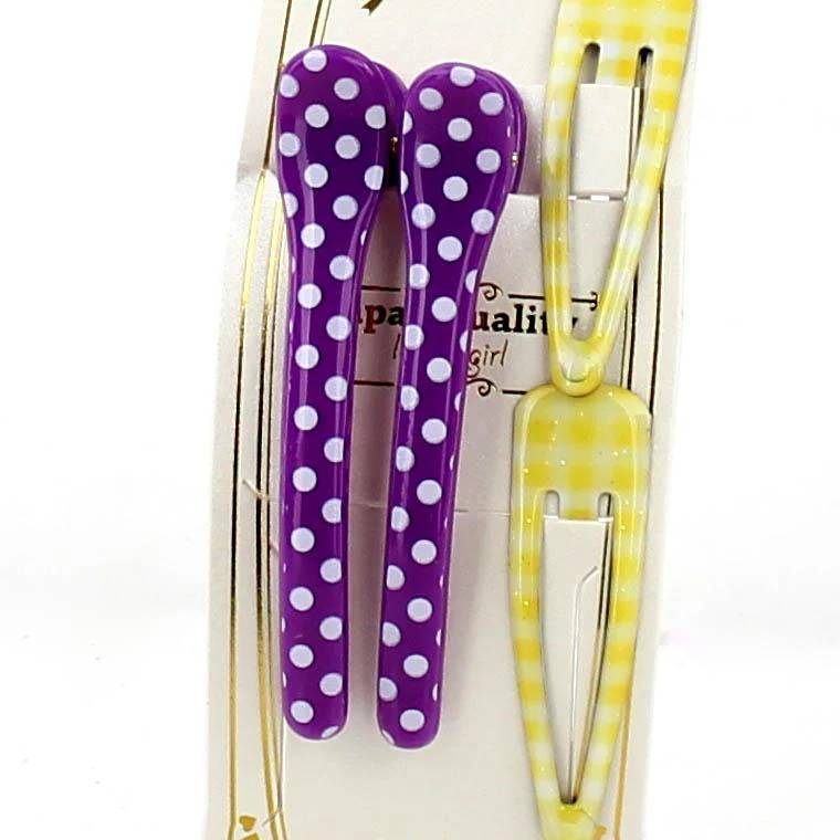 Polka Dots & Checkered Hair Clips (Purple & Yellow, 4pcs) - Image 2