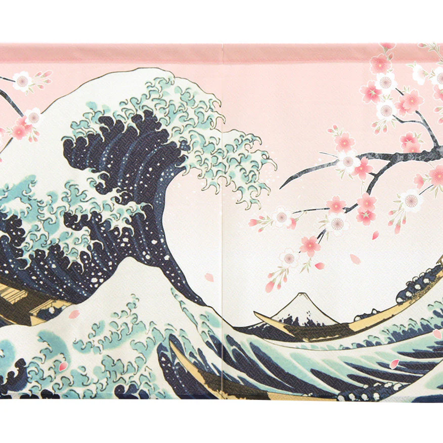Japanese Style Katsushika Hokusai White Wave Cherry Blossom Noren Curtain - Image 3