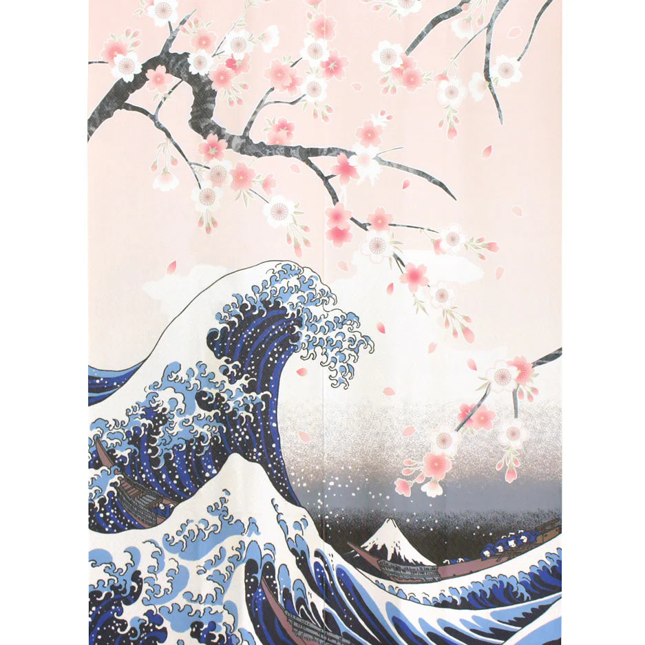 Japanese Style Katsushika Hokusai, White Waves Cherry Blossom Noren Curtain - Image 3