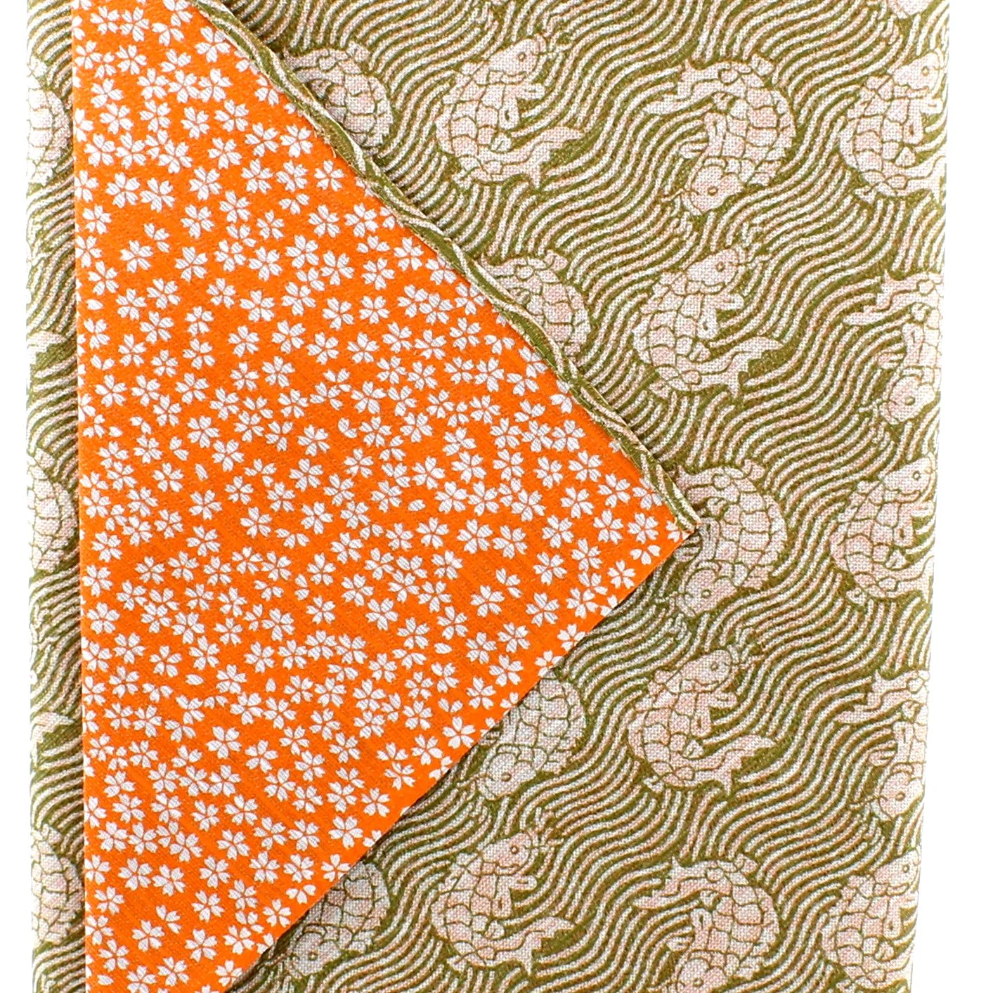 Furoshiki Shantung Double Sided Japanese Wrapping Cloth (Araiso-Rough Coast & Small Cherry Blossom, Blackish Green & Orange, 100x100cm) - Image 4