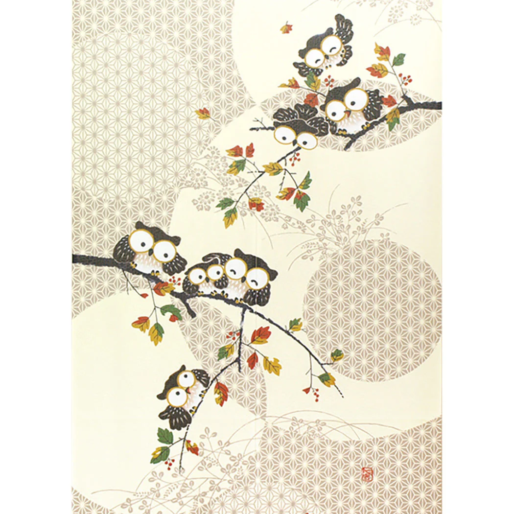 Japanese Style Leaves, Seven Lucky Owls Noren Curtain - Image 2