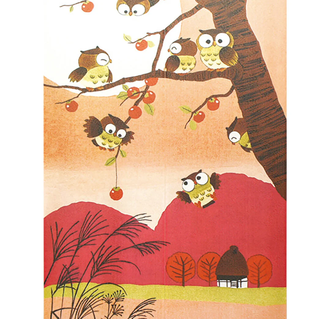Japanese Style Owls, Autumn Landscape Noren Curtain - Image 2