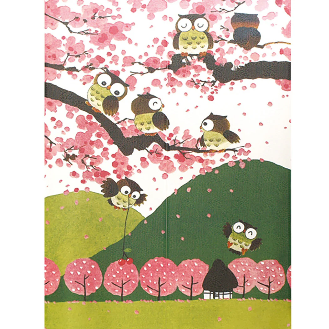 Japanese Style Owls & Spring Landscape Noren Curtain - Image 2