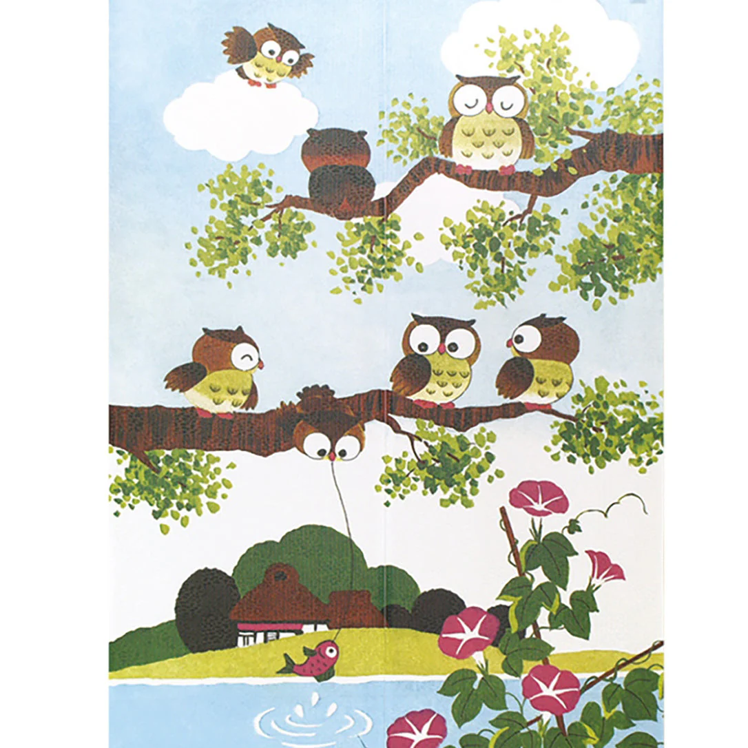 Japanese Style Owls & Summer Landscape Noren Curtain - Image 2