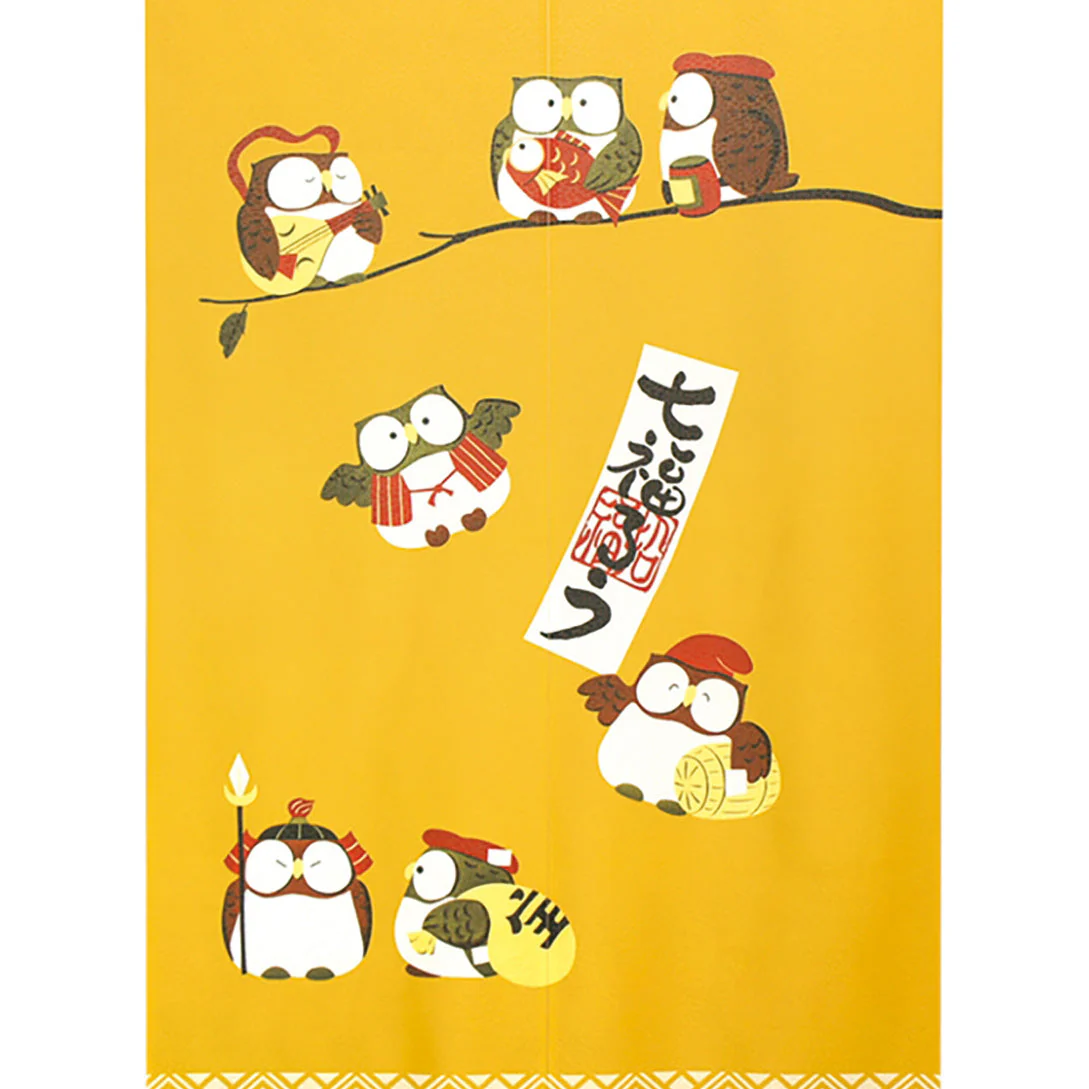 Japanese Style Seven Lucky Owls Noren Curtain - Image 2